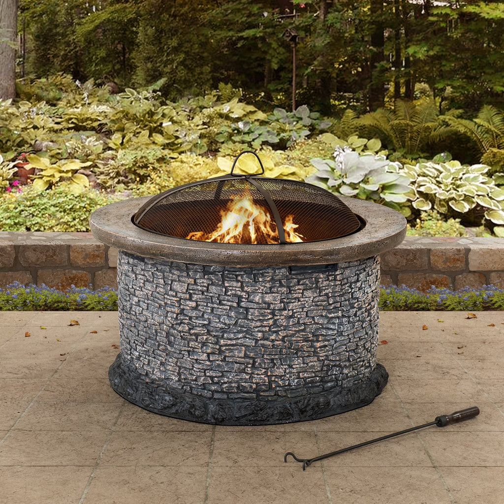 32 in. Stone Wood Burning Fire Pit with Steel Mesh Spark Screen and Fire Poker Q2921