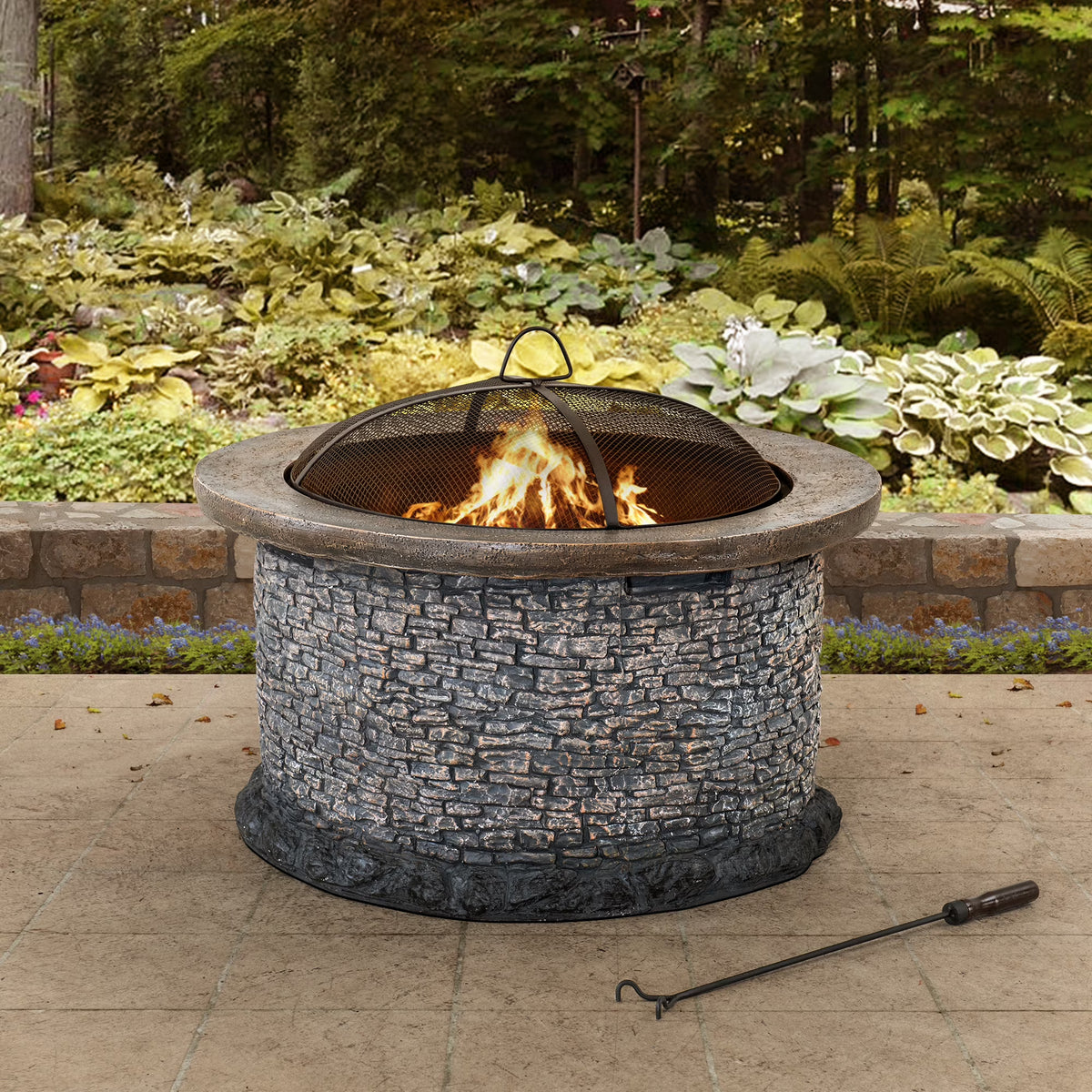 32 in. Stone Wood Burning Fire Pit with Steel Mesh Spark Screen and Fire Poker Q2921