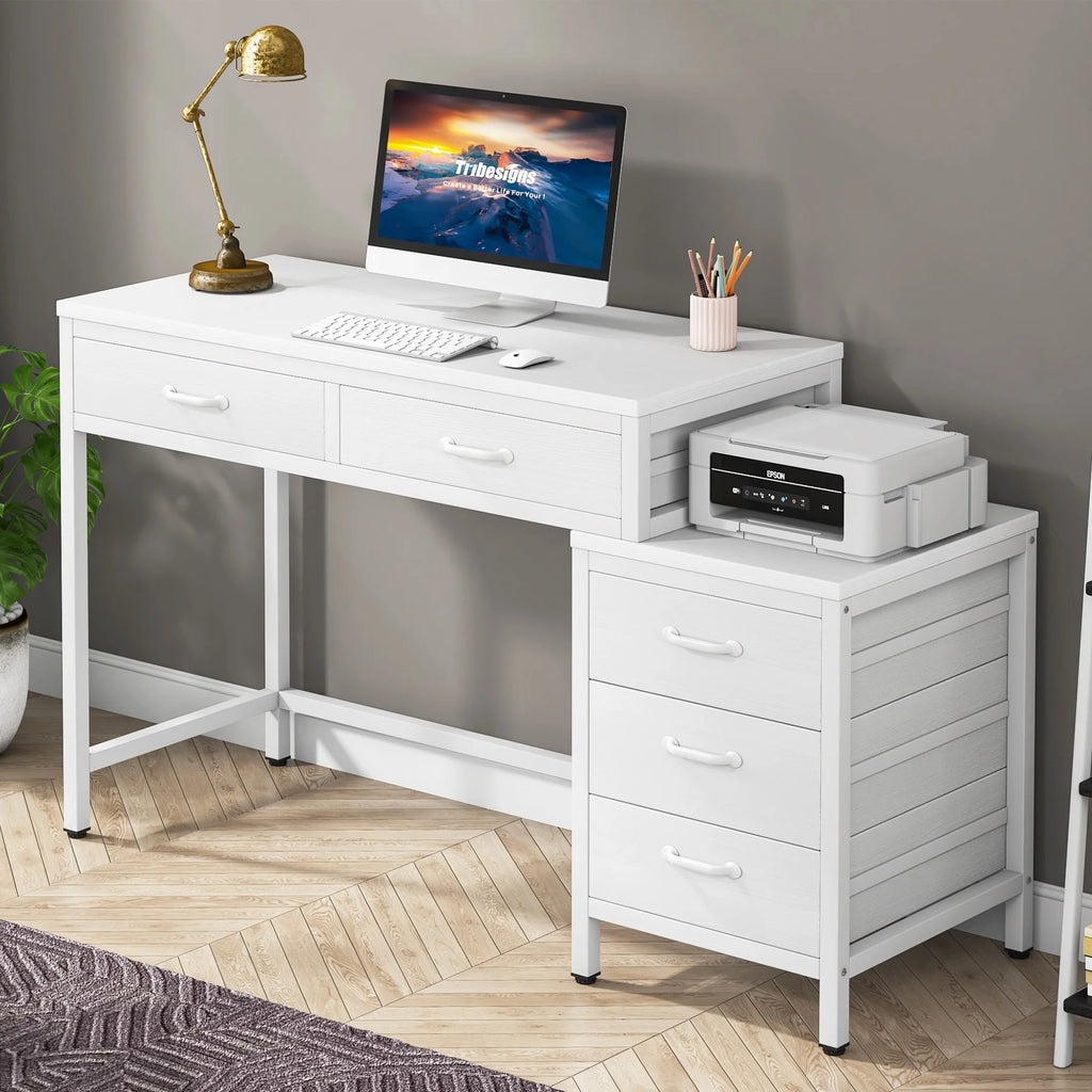 White 5 Drawers Computer Desk with Reversible Filing Cabinet X645940
