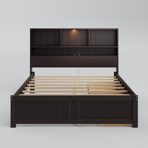 White Wood Twin Bed Frame with Bookcase Headboard and Storage Drawers R95395