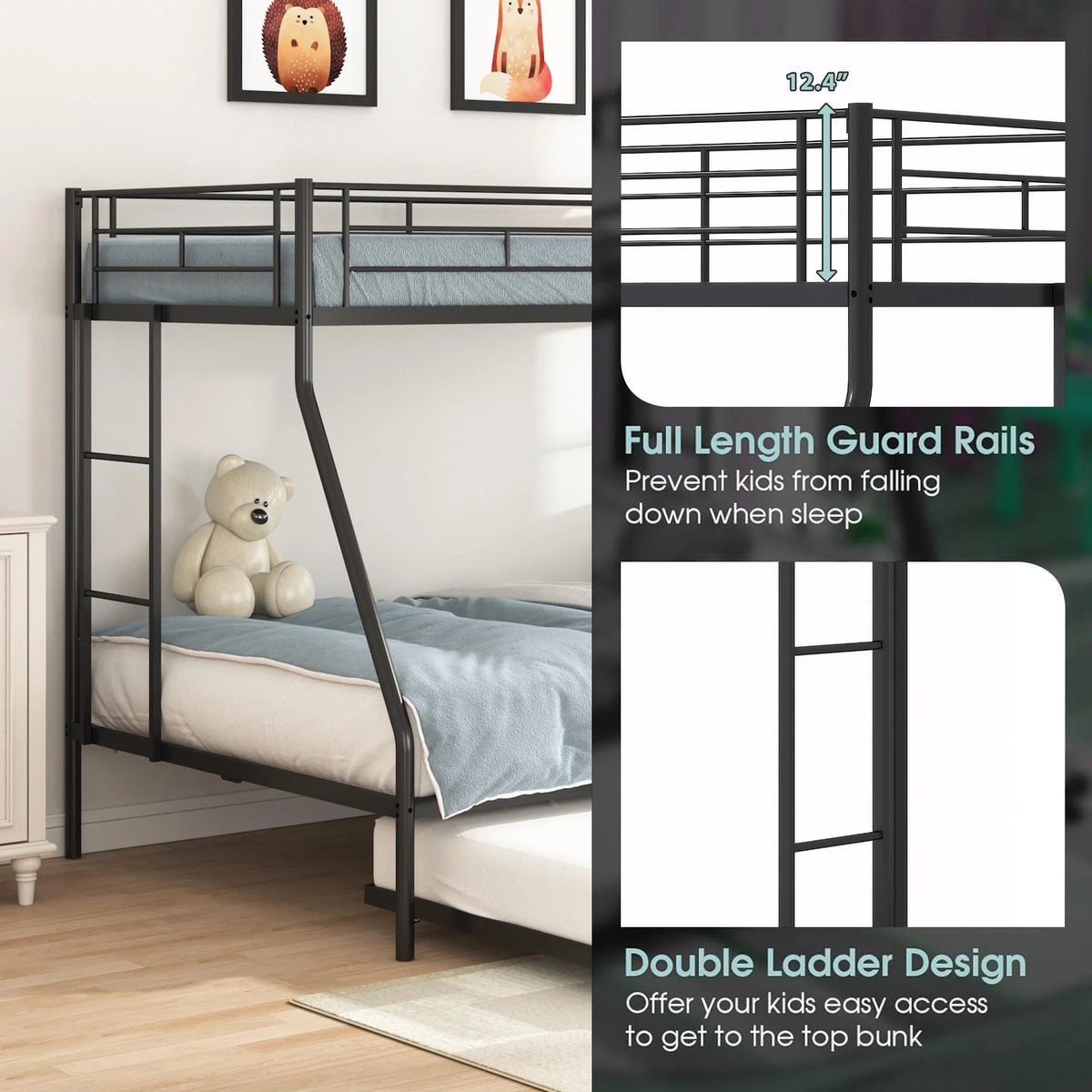 Black Metal Twin Over Twin Bunk Bed with Trundle D59553