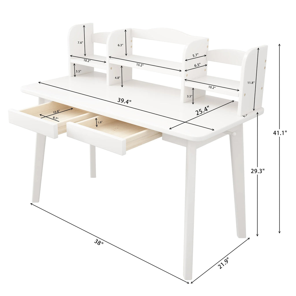 White Wooden Kid's Desk with Drawers and Bookshelf F913