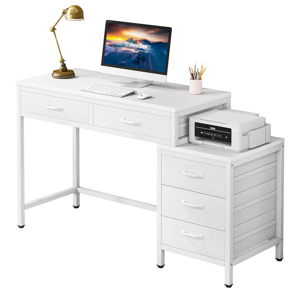 White 5 Drawers Computer Desk with Reversible Filing Cabinet X645940