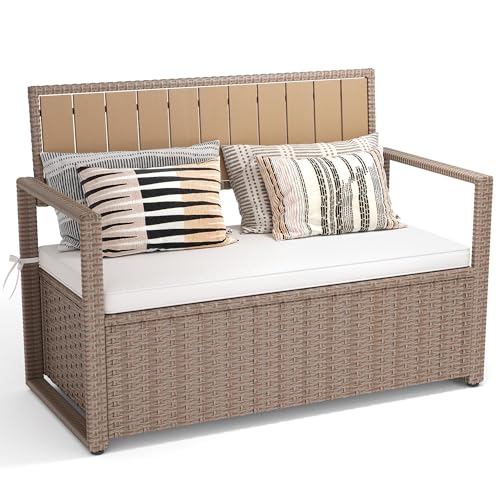 Black Beige 90 Gallon Outdoor Wicker Storage Bench with Cushion V2504