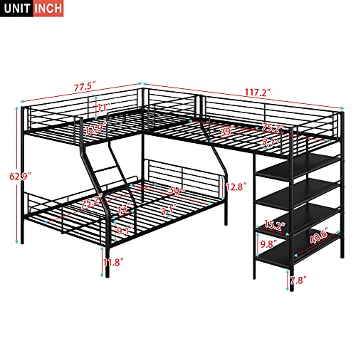 Black Metal Twin Size L-Shaped Loft Bed with Two Built-in Desks Q586033