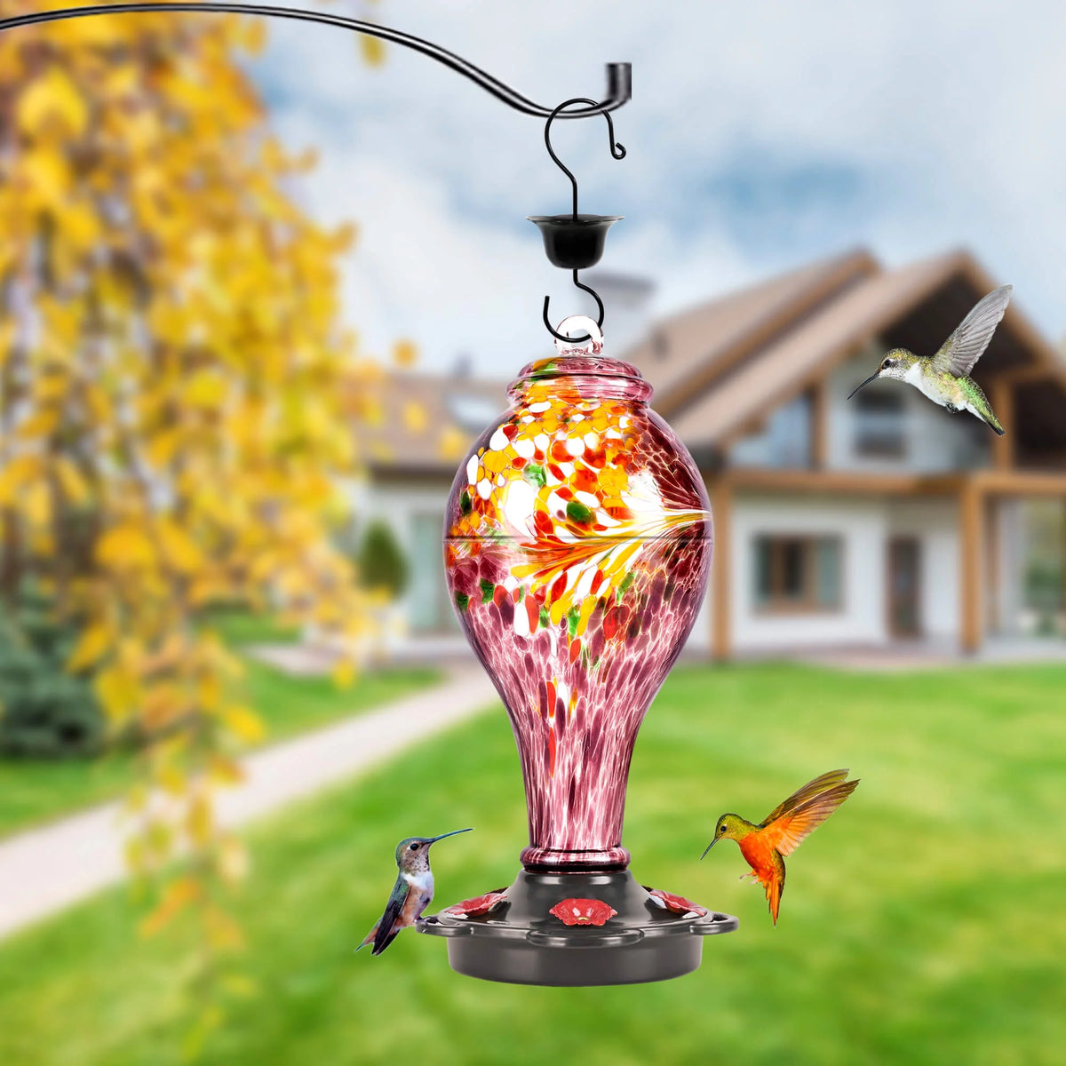 Hand Blown Glass Hummingbird Feeder with Ant Guard, 36 fl.oz, 5 Feeding Ports P3687