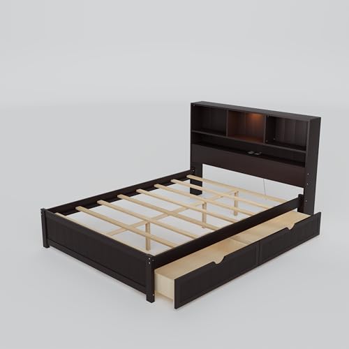 White Wood Twin Bed Frame with Bookcase Headboard and Storage Drawers R95395