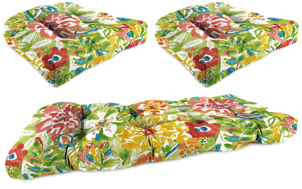 Multicolor Floral Outdoor Cushion Set with 2 Chair Cushions and 1 Bench Cushion F482830