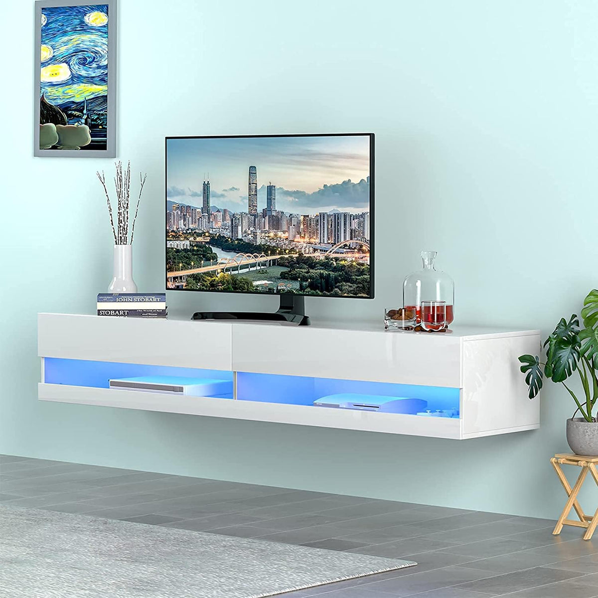 Wall Mounted LED Floating TV Stand with Cabinet and Cable Management for 80 Inch TV Y494