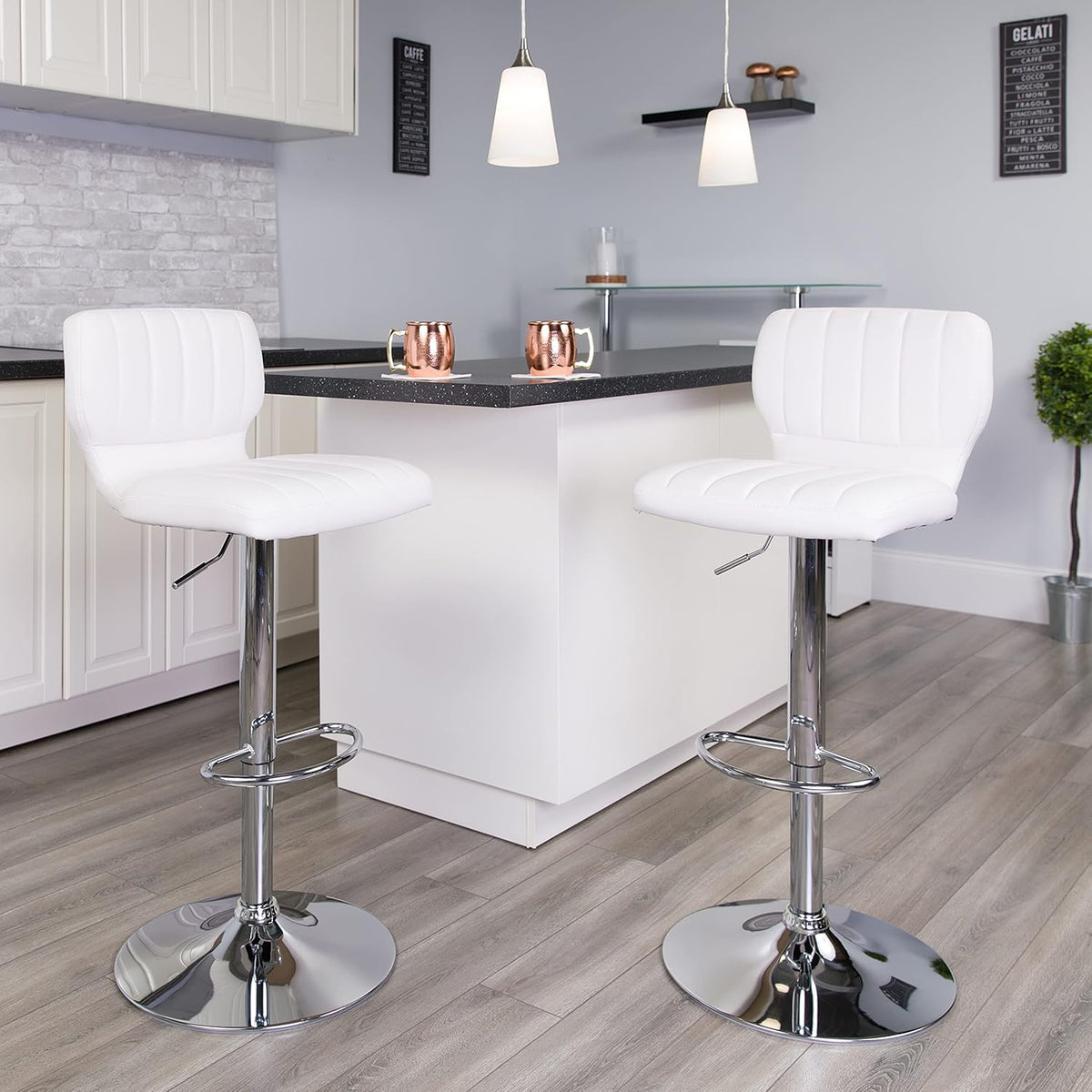 White Vinyl Adjustable Height Barstool with Chrome Base D419685