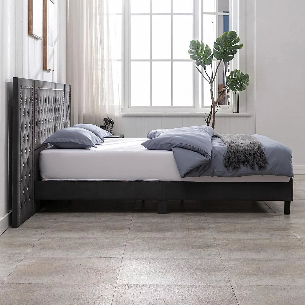 Dark Grey Velvet Upholstered Queen Size Bed Frame B363965