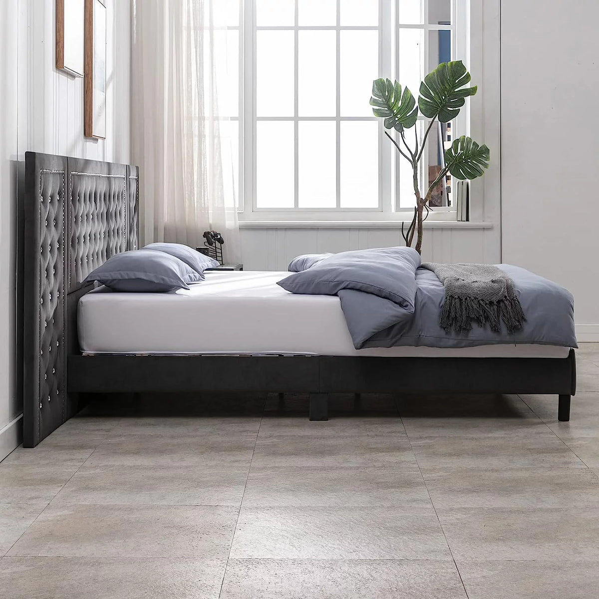 Dark Grey Velvet Upholstered Queen Size Bed Frame B363965