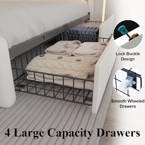 White Full Size Upholstered Platform Bed Frame with 4 Storage Drawers E290505