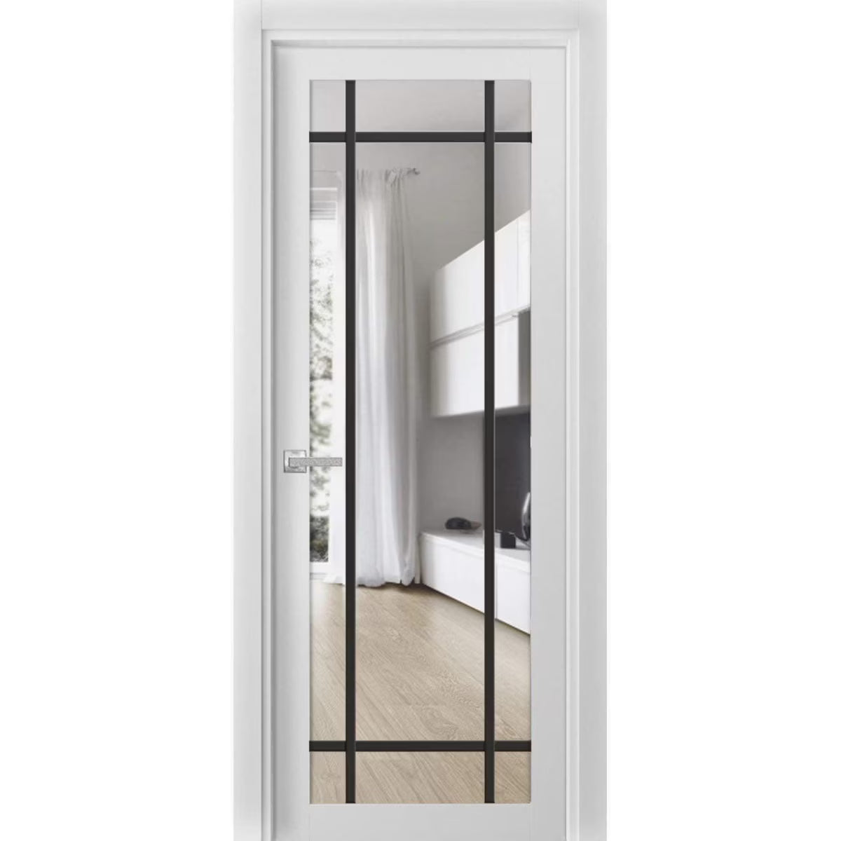 Solid French Door 30 x 80 inches White Silk Clear Glass Single Regular Panel Frame Trims Handle K74857