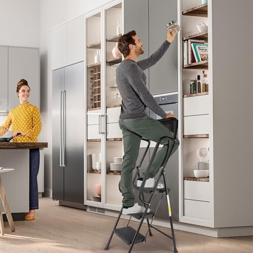 3 Step Folding Step Ladder with Handrails, 500 Lbs Capacity, Black S63073