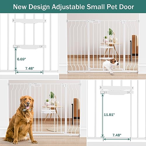 White 33" Tall Extra Wide Auto Close Walk Thru Safety Gate with Small Pet Door M45595