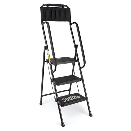 3 Step Folding Step Ladder with Handrails, 500 Lbs Capacity, Black S63073