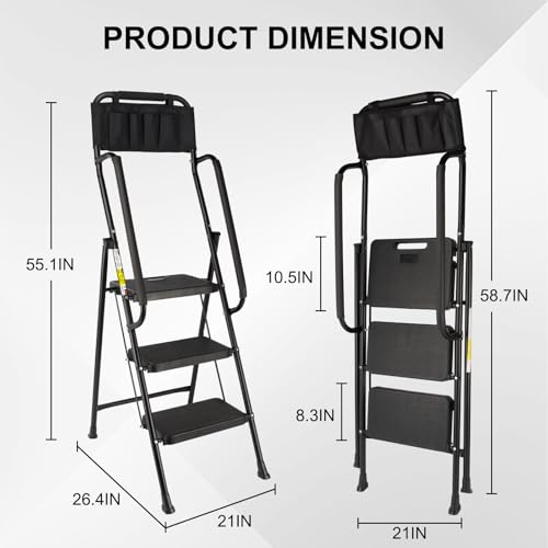 3 Step Folding Step Ladder with Handrails, 500 Lbs Capacity, Black S63073