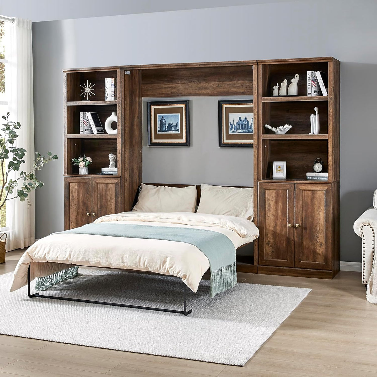 Full Size Brown Wood Murphy Bed with 2 Side Cabinet M194980