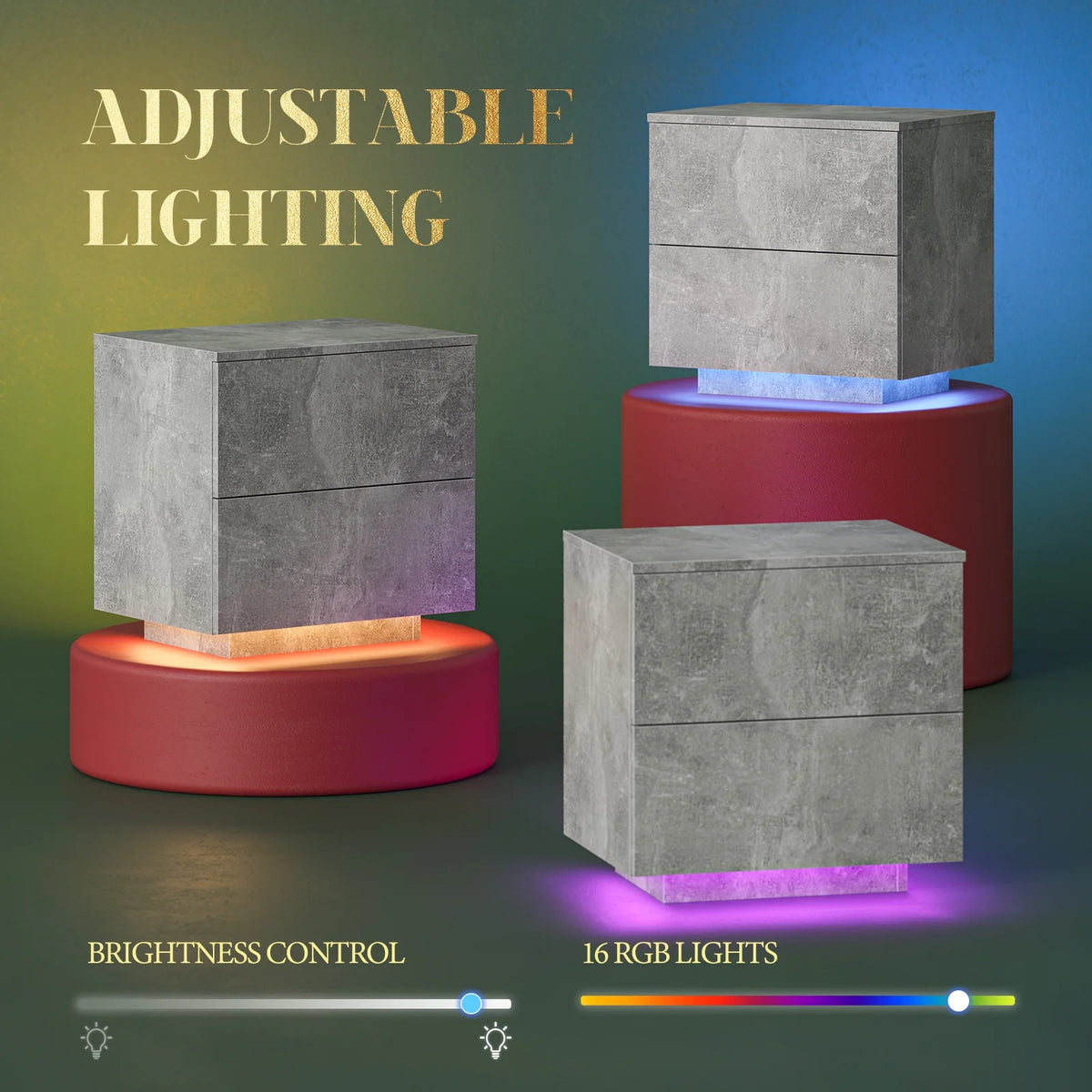 LED Nightstands Set of 2 Wood Bedside Table with 2 Drawers Y797