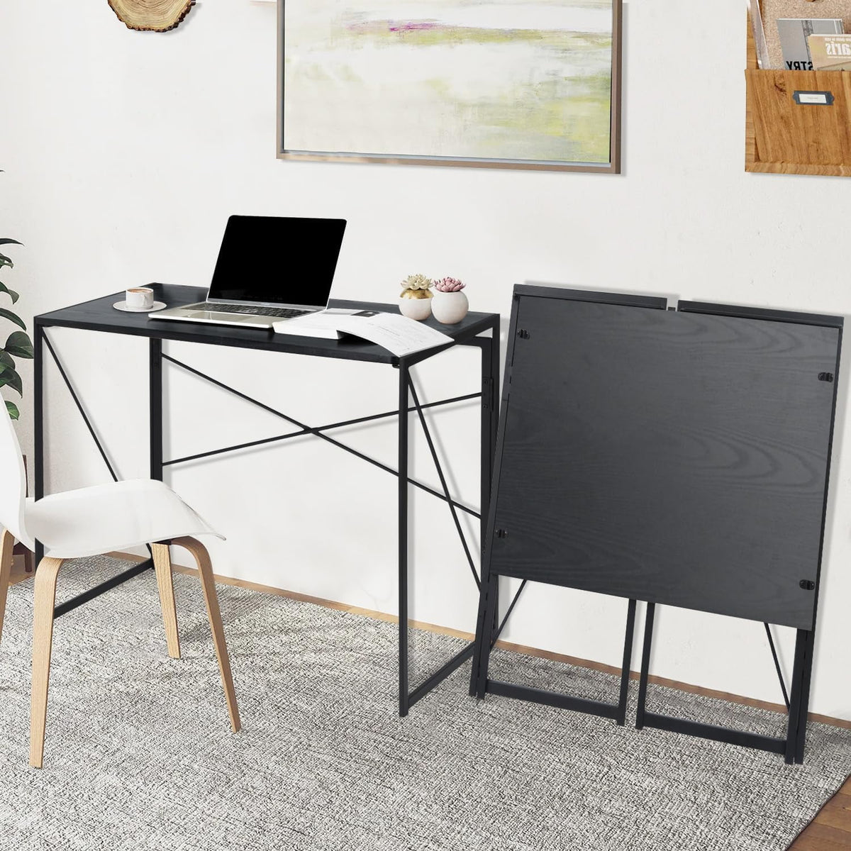 39.4-inch Black Folding Desk with Metal Frame and Wood Top O53351