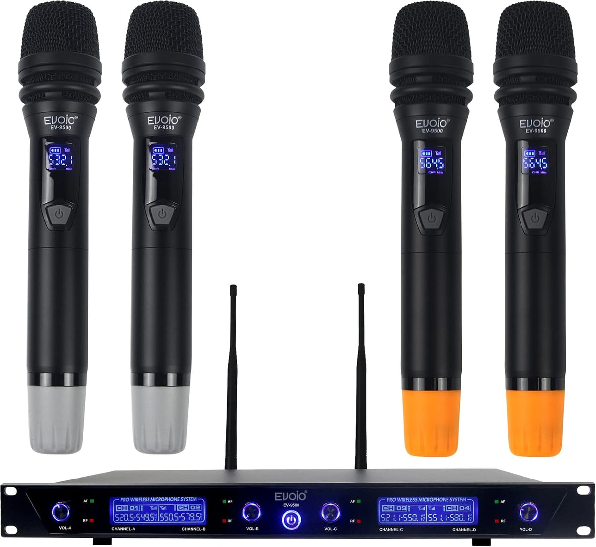 4 Adjustable Channel UHF Wireless Microphone System with 4 Metal Handheld Mics D363