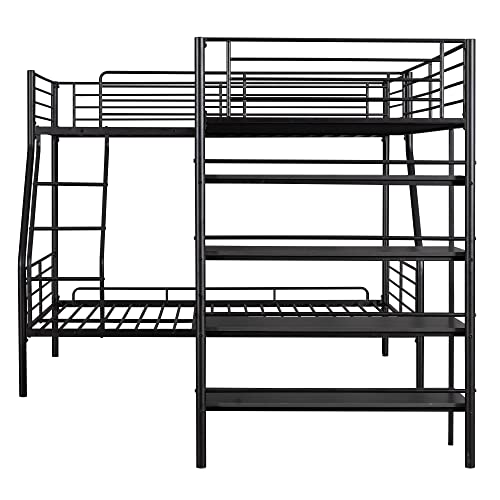 Black Metal Twin Size L-Shaped Loft Bed with Two Built-in Desks Q586033