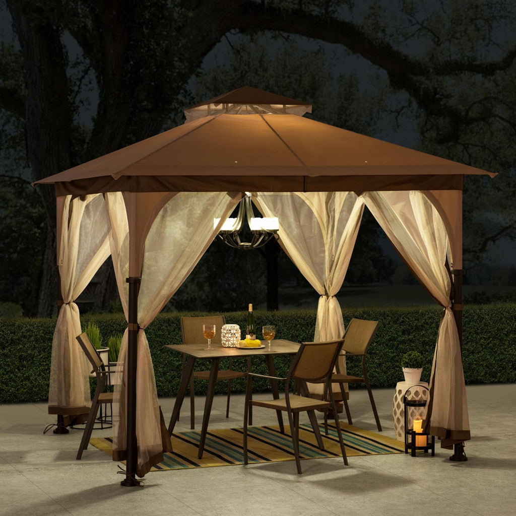 Tan and Brown Steel Frame Outdoor Patio Gazebo with Netting Q979