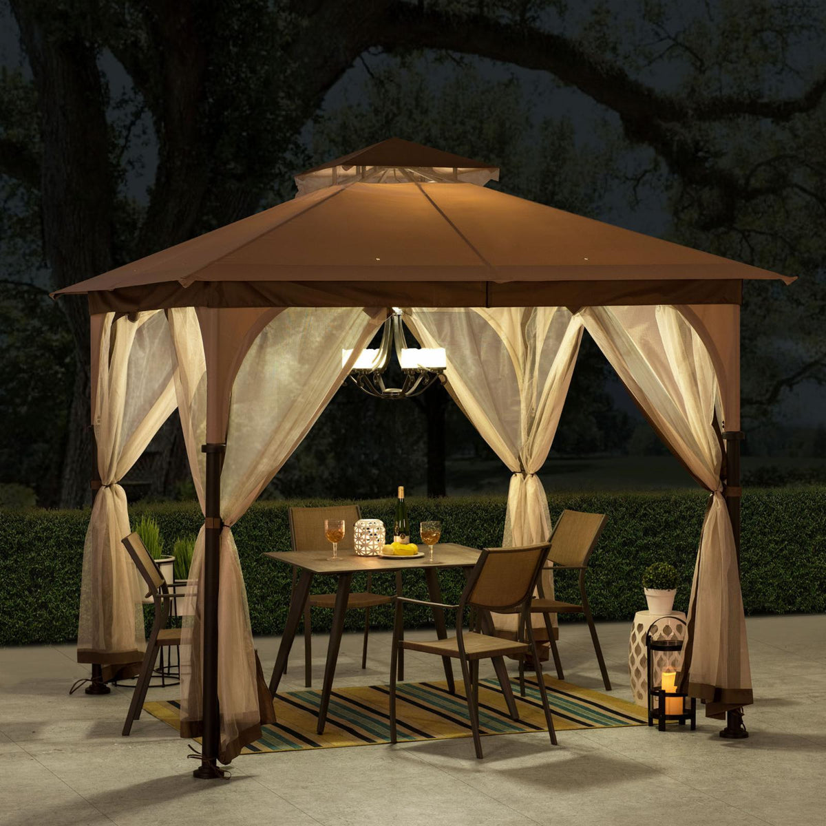 Tan and Brown Steel Frame Outdoor Patio Gazebo with Netting Q979
