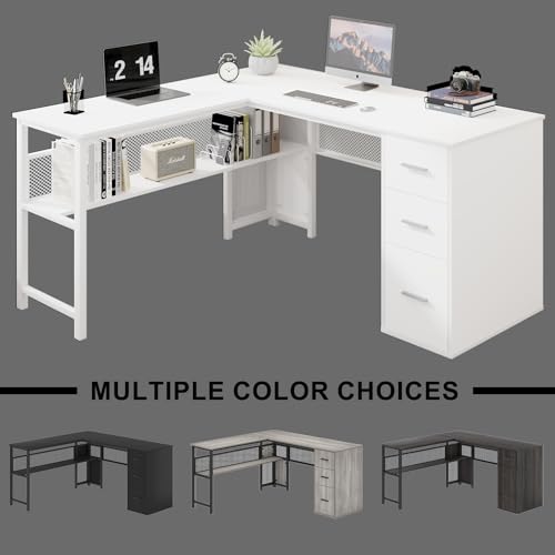 Reversible Gray L Shaped Corner Desk with File Drawers Cabinets, 59 Inch W856