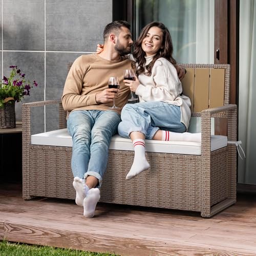 Black Beige 90 Gallon Outdoor Wicker Storage Bench with Cushion V2504