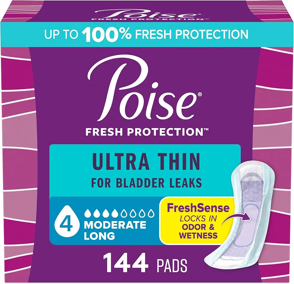 Ultra Thin Incontinence Pads, 4 Drop Moderate Absorbency, Long Length, 144 Count G58358