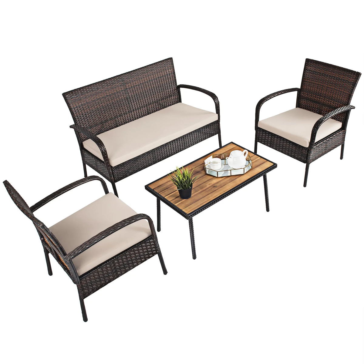 4 Pc Patio Rattan Furniture Set with Cushions K870519