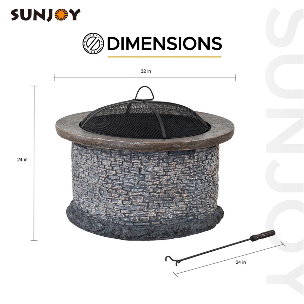 32 in. Stone Wood Burning Fire Pit with Steel Mesh Spark Screen and Fire Poker Q2921