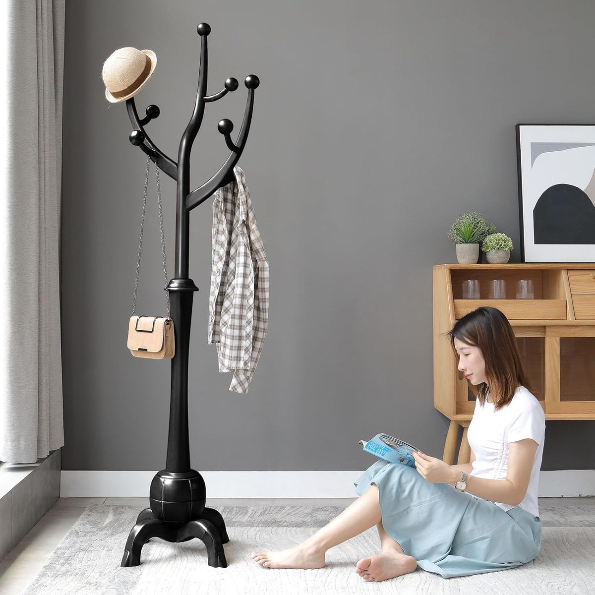 Black Freestanding Wood Coat Rack with 8 Hooks B48964
