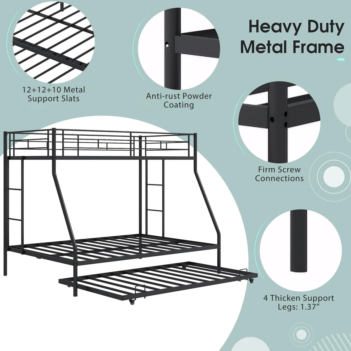 Black Metal Twin Over Twin Bunk Bed with Trundle D59553