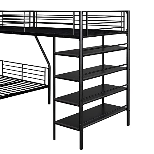 Black Metal Twin Size L-Shaped Loft Bed with Two Built-in Desks Q586033