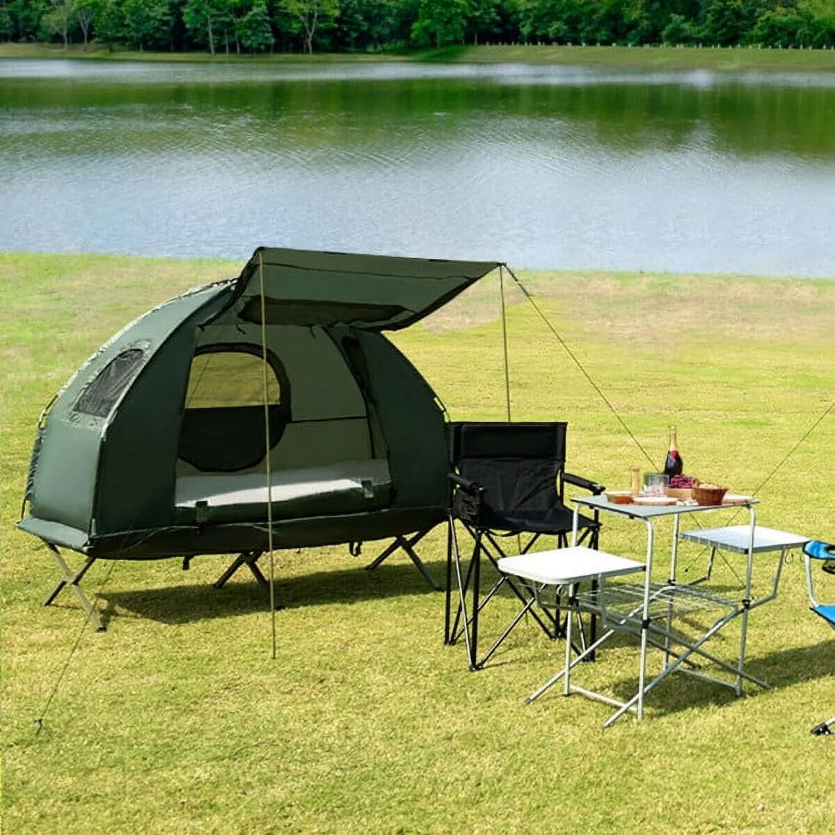 2-Person Foldable Camping Tent Cot with Air Mattress and Sleeping Bag H2817