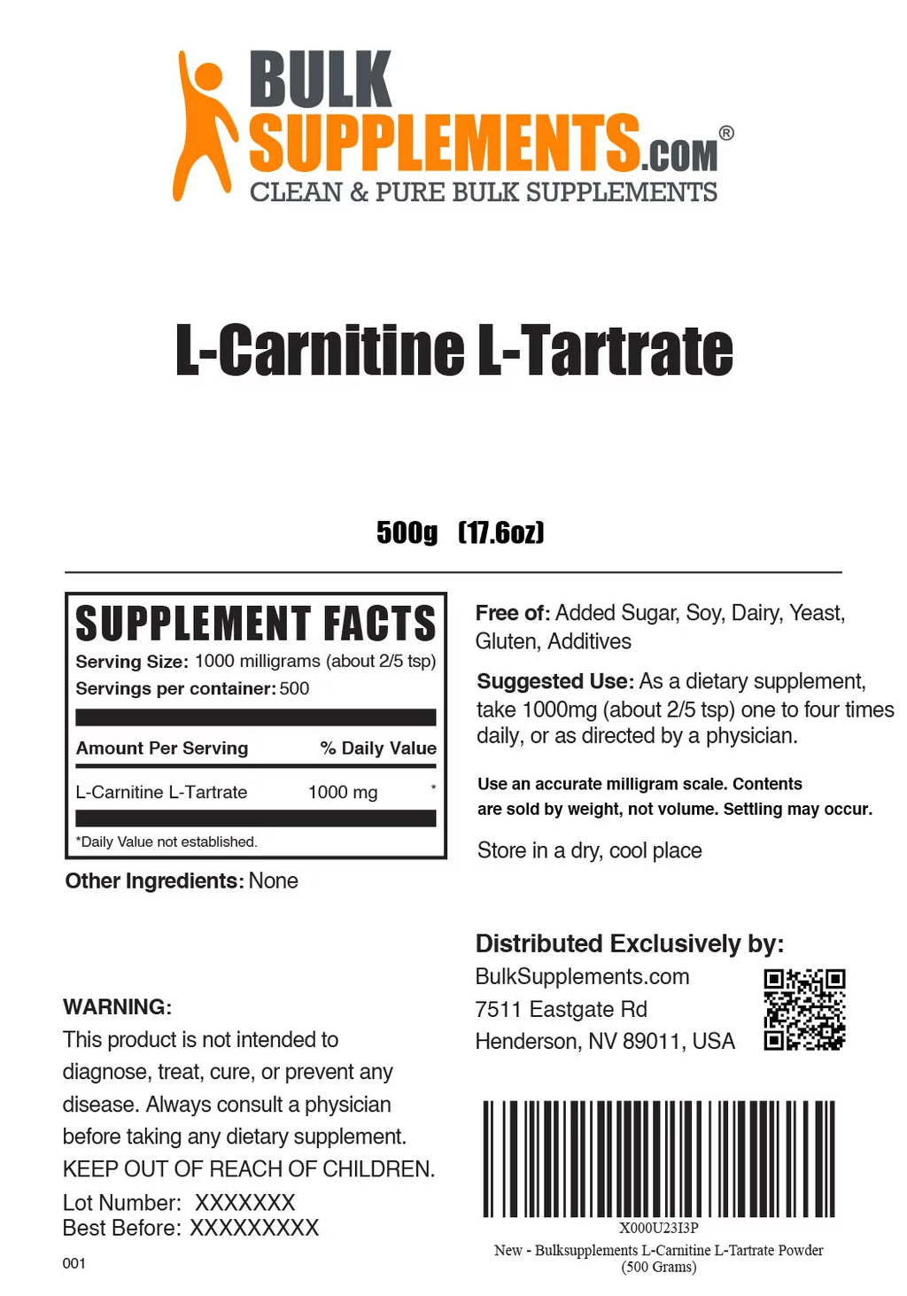 L-Carnitine L-Tartrate Powder 500 Grams S103