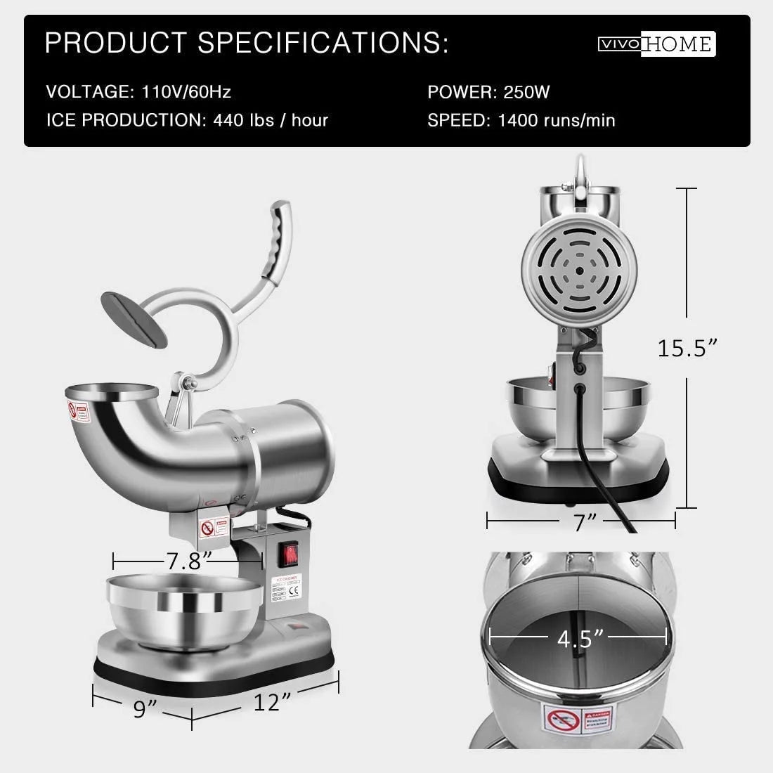 Silver Electric Dual Blades Ice Crusher Snow Cone Maker Machine 440lbs/hr K181
