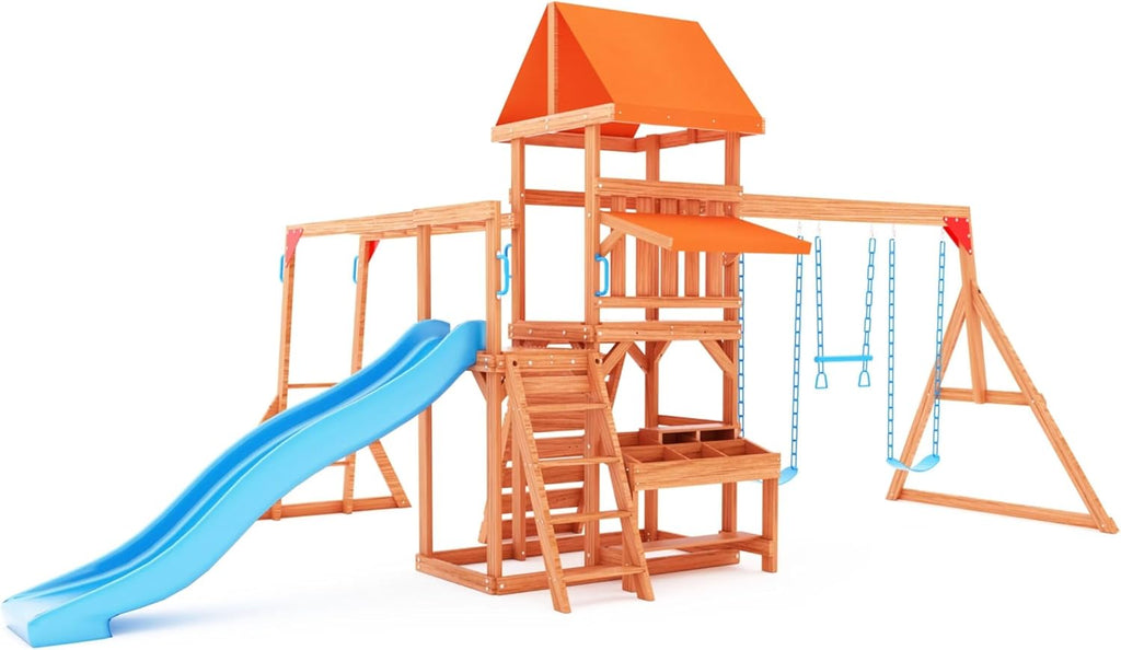 Wooden Playground Swing Sets with Monkey Bar, 8FT Wave Slide, 2 Belt Swings H179161