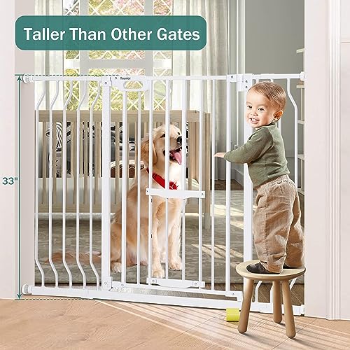 White 33" Tall Extra Wide Auto Close Walk Thru Safety Gate with Small Pet Door M45595
