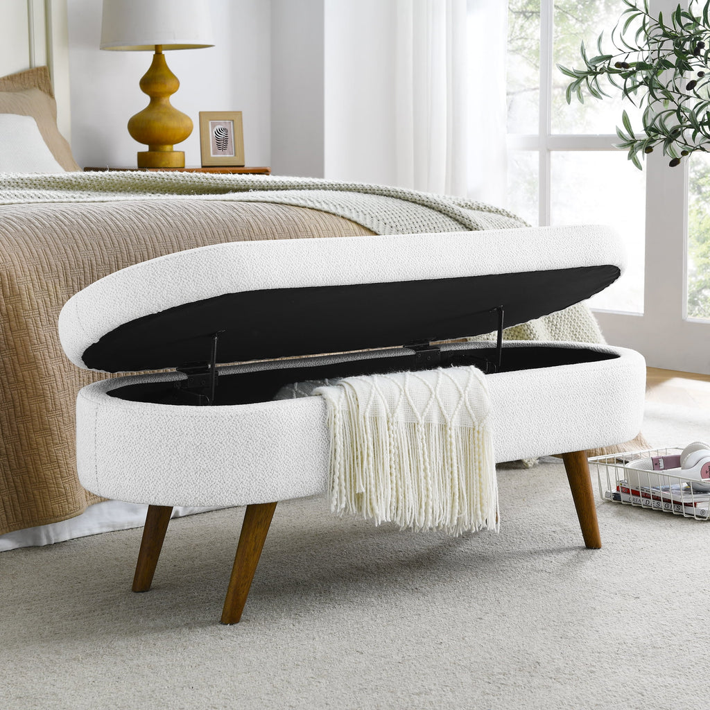 White Oval Storage Ottoman Bench with Rubber Wood Legs J889580