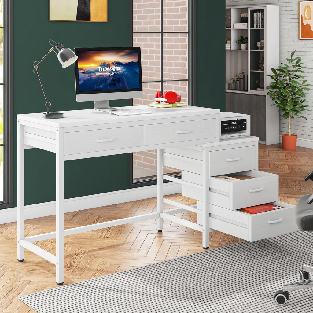 White 5 Drawers Computer Desk with Reversible Filing Cabinet X645940