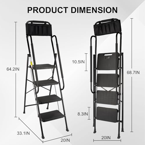 3 Step Folding Step Ladder with Handrails, 500 Lbs Capacity, Black S63073