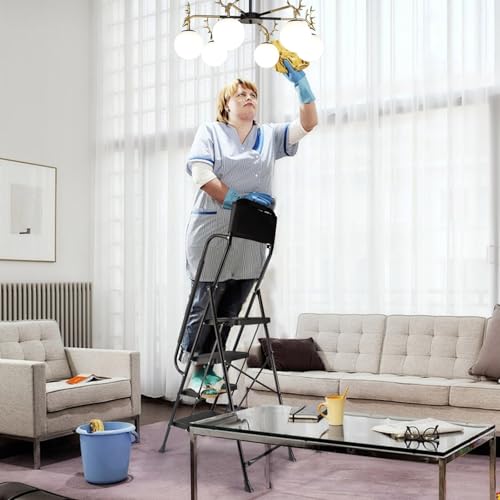 3 Step Folding Step Ladder with Handrails, 500 Lbs Capacity, Black S63073