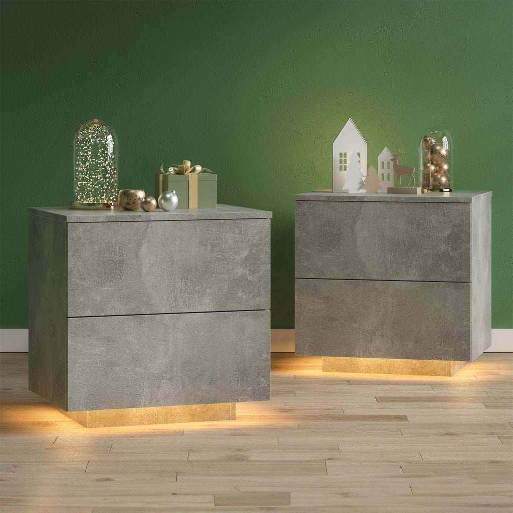 LED Nightstands Set of 2 Wood Bedside Table with 2 Drawers Y797