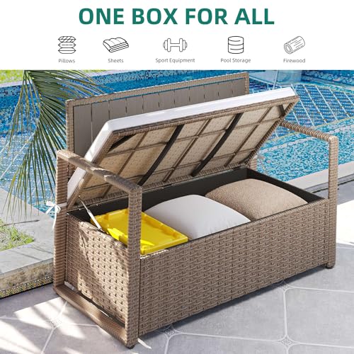 Black Beige 90 Gallon Outdoor Wicker Storage Bench with Cushion V2504