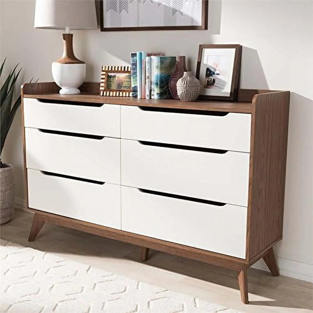 White and Walnut 6 Drawer Wood Dresser X80950