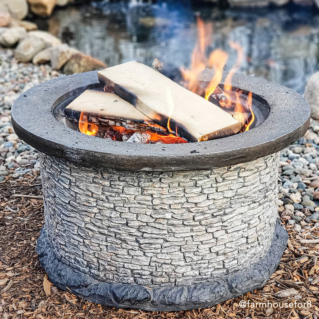 32 in. Stone Wood Burning Fire Pit with Steel Mesh Spark Screen and Fire Poker Q2921